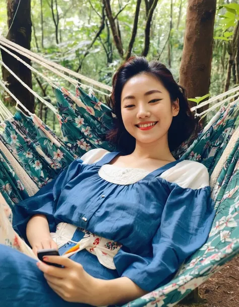 a woman laying in a hammock in the tree, a picture, inspired by Naza, tumblr, Japaneseism, with a beautifull smile, Japan, profile pic, good young girl, on hammock, selfie, old picture, leaked, in a forest, facebook, with blue shirt, sweet and smiled polit...