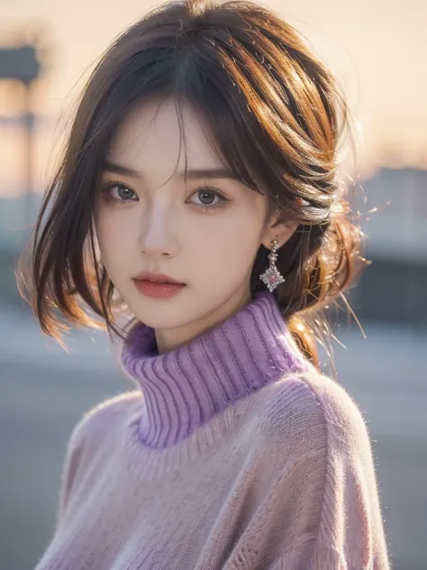 1 girl, colorful hair,((purple sweater)), (extremely delicate and beautiful), (turtleneck sweater), dream light, (8k, original photo, best quality, masterpiece: 1.2), (actual, Photo fidelity: 1.3), Super fine, Super fine cg 8k wallpaper, (crystal texture s...