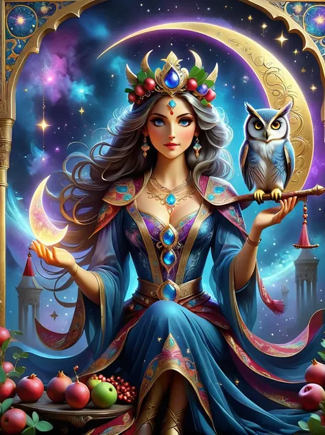 (tarot card:1.8，Rotational symmetry，center)，Stephen Gammel，(cowboy shot)，Envision a mystical tarot card floating amidst a cosmic backdrop of twinkling stars and swirling galaxies. The card is the The High Priestess, represented by a regal figure sitting be...