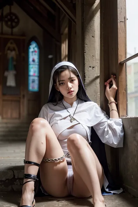 dirty, wet, A nun 16 year old, baby face, church, cross, bible,, showing her breast, small breast, sitting open legs spread to side, showing her pussy, Chained hands raised high above head, tied up and restraint , BDSM, bondage, Collared, chained,