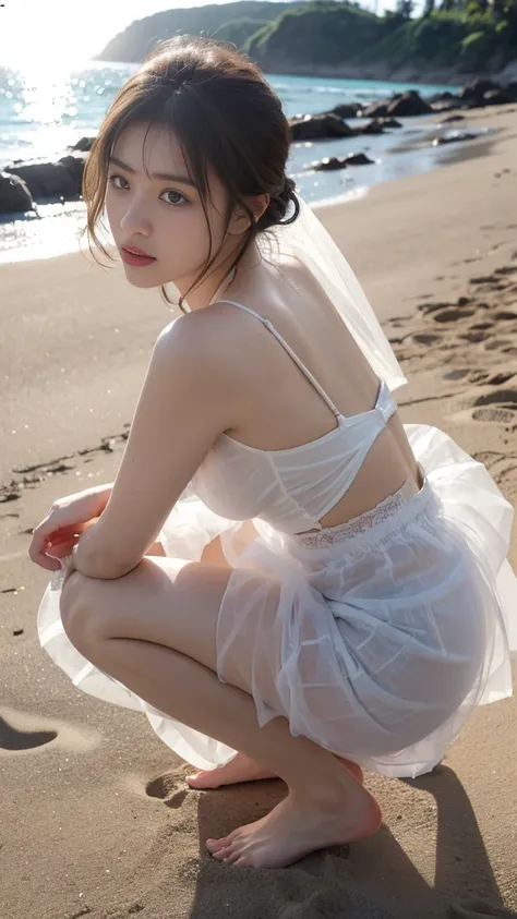 （最佳quality,highres,masterpiece:1.2),ultra-detailed,8K，wallpaper，official art，splash art，focus，1 girl，beautiful face，Beach bathed in sunshine，（Crouching on the beach with hunched back，Get down），(((Sheer see-through tulle skirt reveals skin，Perfect curves vi...