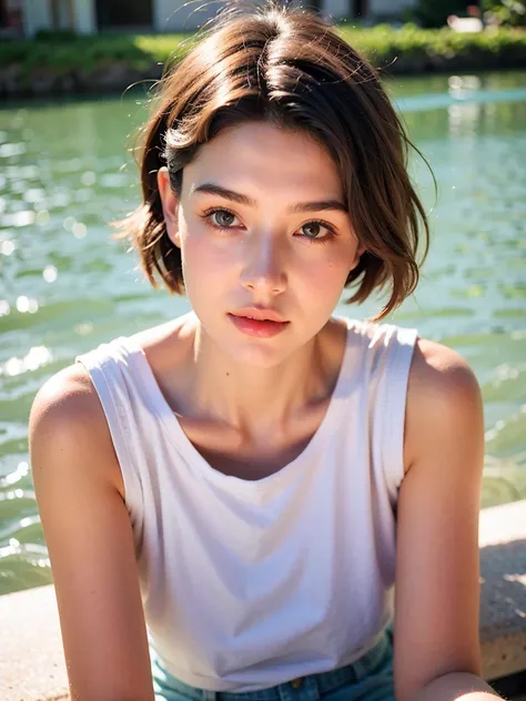 realistic photography, beautiful young female ,short hair ,river, extremely delicate and beautiful},outstanding light and shadow...