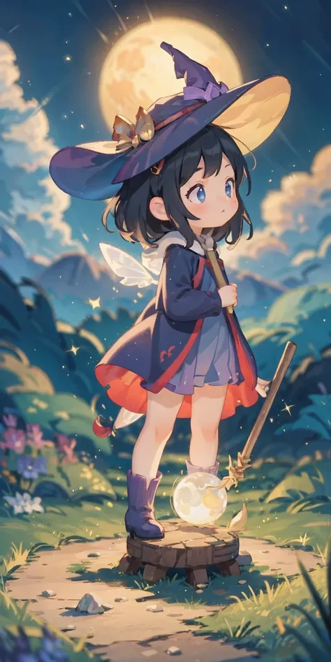 blindbox, masterpiece, best quality, ultra-detailed, illustration, 1girl, solo, fantasy, flying, broom, night sky, outdoors, magic, spells, moon, stars, clouds, wind, hair, cape, hat, boots, broomstick, glowing, mysterious, enchanting, whimsical, playful, ...