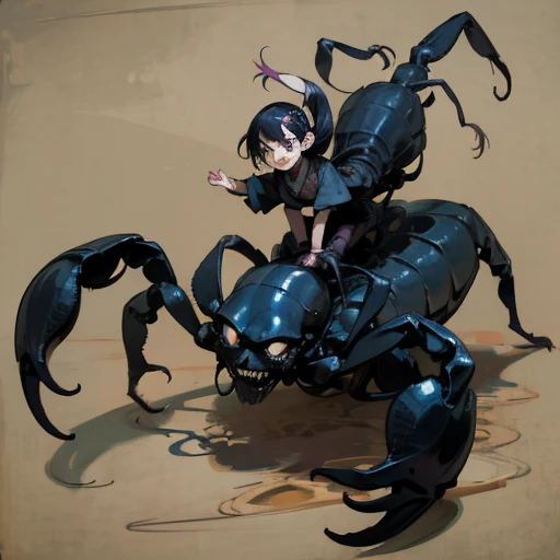 wide shot、girl riding a scorpion、 scribble, nightmare, doll-like face, cartoon style, rough sketch, horror elements, (masterpiec...