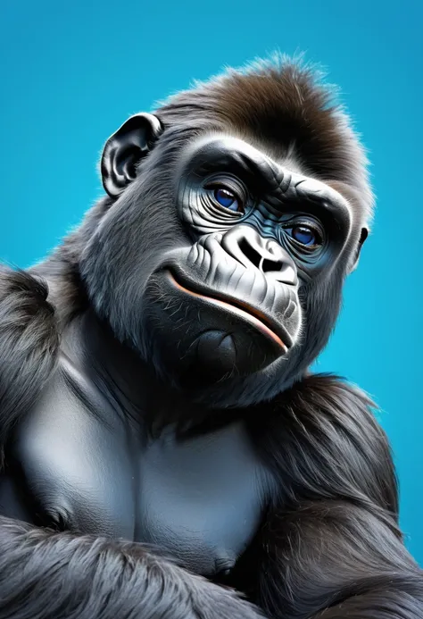 (sleepy,relaxed,lazy:2.3),(gorilla,primate),(blue background),(best quality,cartoon style illustration:1.2),(blue-eyed),peaceful expression,clear details,mischievous smile,drowsy eyes,puffy cheeks,soft fur,curled-up posture,comfortable atmosphere,dreamy vi...