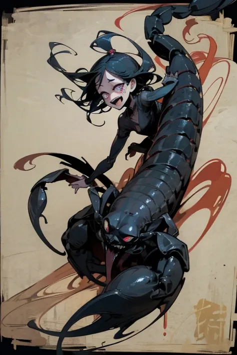 girl riding a scorpion、 scribble, nightmare, doll-like face, cartoon style, rough sketch, horror elements, (masterpiece), (high ...