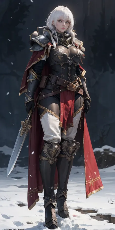 full body standind straight symmetrical, FEMALE warrior princess, big belt around waist, hair, very white skin like snow, wearing full heavy armor red cape, brown leather boots, adventurer outfit, veteran warrior milf bimbo