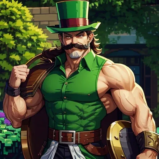 Muscular ,Man, wooden shield, green top hat, mustache,smiling,pixel art,side garden,yellow eyes,shirt