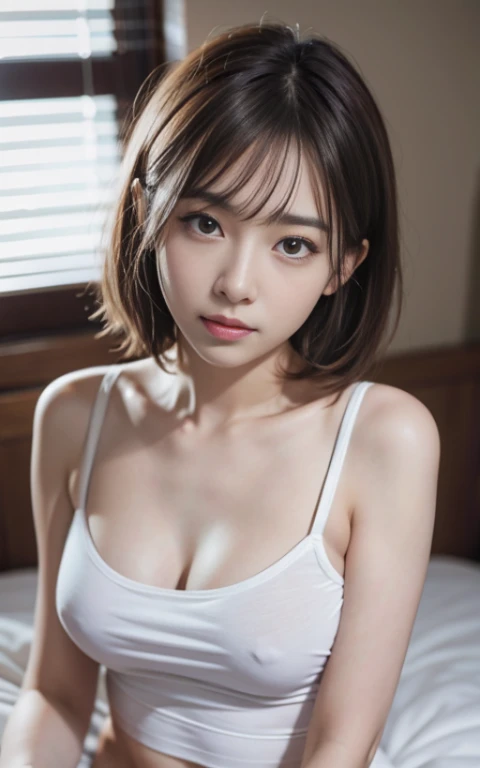 cute 21 year old japanese、on the bed、white t-shirt、light blue underwear、date、date、super detail face、eye for details、double eyelid、beautiful thin nose、sharp focus:1.2、Beautiful woman:1.4、(light brown hair,short haired、),pure white skin、highest quality、maste...