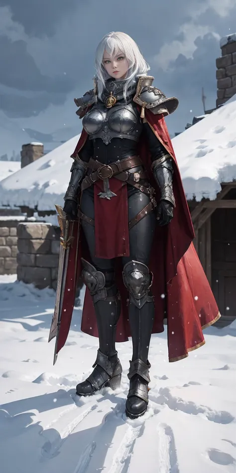 full body standind straight symmetrical, FEMALE warrior princess, big belt around waist, hair, very white skin like snow, wearing full heavy armor red cape, brown leather boots, adventurer outfit, veteran warrior milf bimbo
