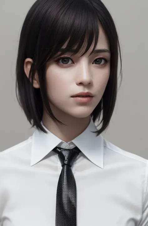 masterpiece, (photorealistic: 1.4), best quality, beautiful lighting, (ulzzang-6500: 0.5), mikasa (attack on the titans), (black hair)+(short chanel hair)+(bangs), black eyes, ((eyes with dark circles)), (white shirt), (tie), RAW photo, 8k uhd, film grain