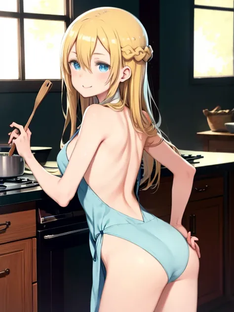 masterpiece, highest quality, Medium wide shot、cowboy shot、1 mature woman、、alone、anime、(mint, blue eyes, braid, blonde hair, long hair、hair between eyes)、naked apron、naked　apron、 nudist、butt、Clearly defined eyes、kitchen、cooking、angle from behind、looking ba...