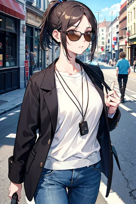 COOL woman 47 years old: 1.3, Ponytail: 1.2, Casual wear: 1.2, Sunglasses: 1.2, Daytime: 1.2, Street: 1.2, Film lighting, Surrealism, UHD, ccurate, Super detail, textured skin, High detail, Best quality, 8k