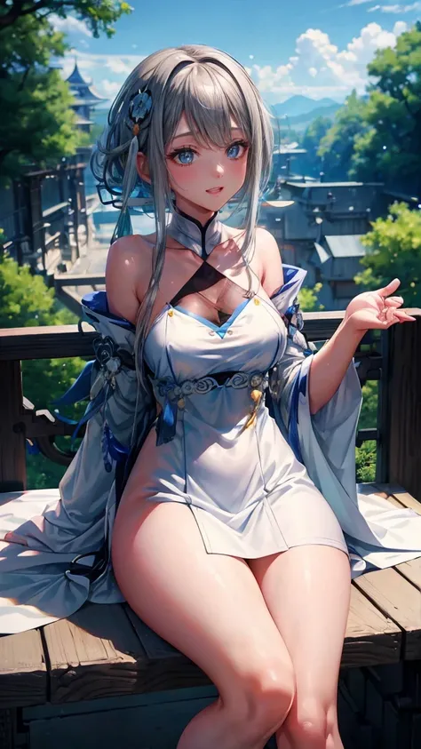 Anime girl sitting on chair in white dress, cute anime waifu in a nice dress, azur lane style, Guweiz in Pixiv ArtStation, trending on artstation pixiv, Guweiz on ArtStation Pixiv, Anime goddess, onmyoji, trending on cgstation, style of anime4 K, Guviz, pe...