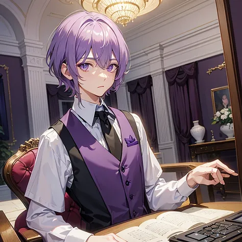 masterpiece, best quality, mansion, indoors, looking at viewer, upper body, 1boy, light violet hair, short hair, male hair, male hairstyle, messy hair, light purple eyes, violet vest, purple shirt, short sleeves, emotionless, computers