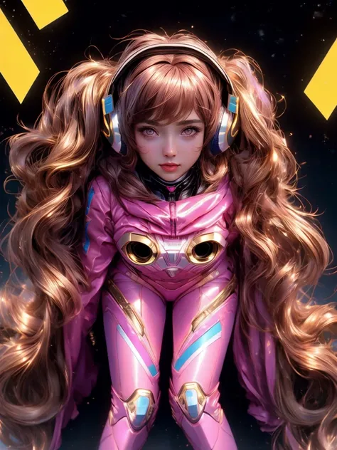 Masterpiece, Best Quality, High Resolution, Golden Hair Style 1girl [Elizabeth II:Gal Gadot:0.4], Super High Resolution, Solo, Mech Pilot, D.VA, Headphones, Pink Eyes, Blue Tights, Brown Hair, White Gloves, Cat Face Adornament,