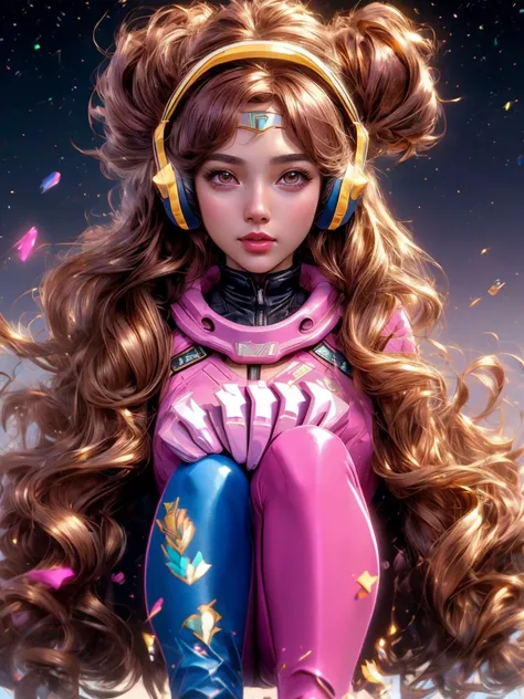 Masterpiece, Best Quality, High Resolution, Golden Hair Style 1girl [Elizabeth II:Gal Gadot:0.4], Super High Resolution, Solo, Mech Pilot, D.VA, Headphones, Pink Eyes, Blue Tights, Brown Hair, White Gloves, Cat Face Adornament,