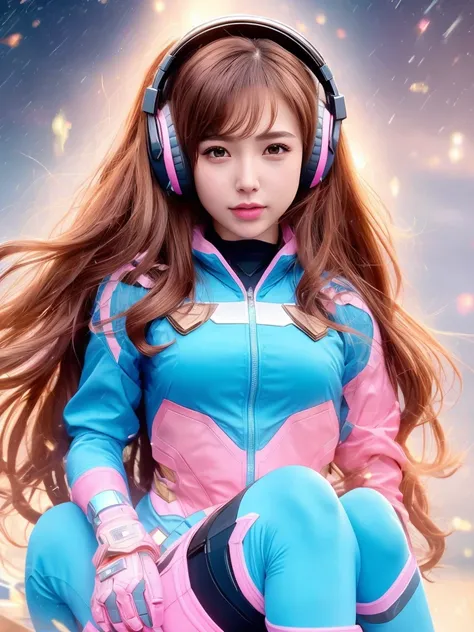 Masterpiece, Best Quality, High Resolution, Blondie 1girl [Elizabeth II:Gal Gadot:0.4], Super High Resolution, Solo, Mech Pilot, D.VA, Headphones, Pink Eyes, Blue Tights, Brown Hair, White Gloves, Cat Face Adornament,