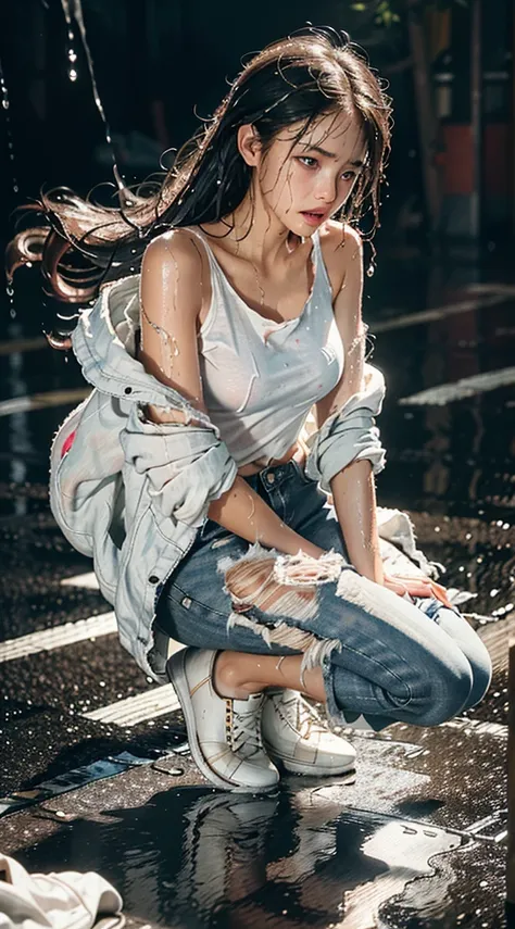 best image quality, masterpiece, super high resolution, (fidelity:1.4), photo, 1 girl, white shirt, torn jeans, white sneakers, dim, darkness, despair, pity, poor, movie, tears, teardrops, (torn clothes:1.5), (wet clothes:1.4), bare shoulders, real rain, w...