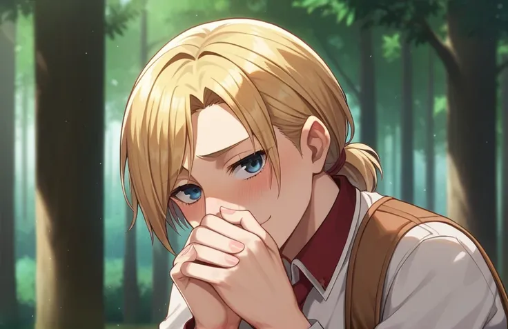 score_9, score_8_up, score_7_up, score_6_up, source_anime, BREAK,1girl, annie leonhart, attack on titan,  seras, outdoors, in Forest,  face focus, face closeup, face, face only, smug, shy, embarrassed, covering mouth, covering eyes