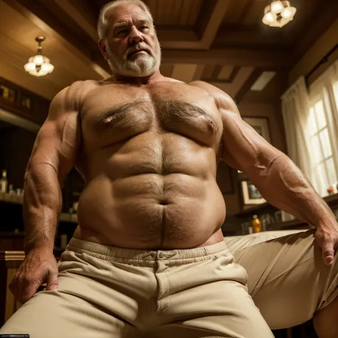 (best quality,4k,8k,highres,masterpiece:1.2),ultra-detailed,realistic:1.37,60-year-old man,muscular chubby white,papa,bear-like hairy belly,pants,shirt,friendly,affectionate,handsome,elegant bar,sexy.