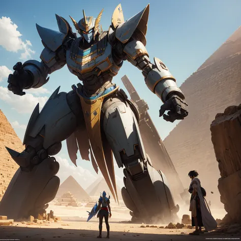 A giant mecha stylized after egyptian god horus battles Setite Kaiju near the great pyramids of egypt