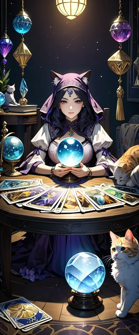 tarot fortune teller.mysterious fortune teller is holding tarot cards.tarot cards arranged neatly on the table.there are some ca...