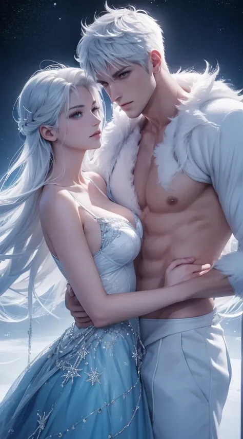 Half body shot photorealistic of a beautiful couple,  very handsome hunky celestial white Jack Frost and very beautiful and sexyness celestial white ice Princess , standing firmly face frontal camera focus asymmetrical face details,charachter, beautiful, d...