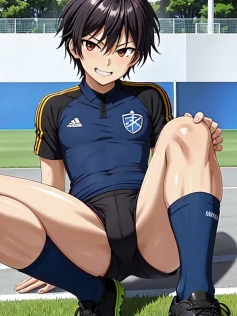 (((official art,Super thin illustration,High resolution, muste piece, best quality,best quality,)))high quality, detailed, (little boy),12 years old,(((solo)))、 A young ace striker male idol with a super cute face,A boy as beautiful as Planding, Cool hands...