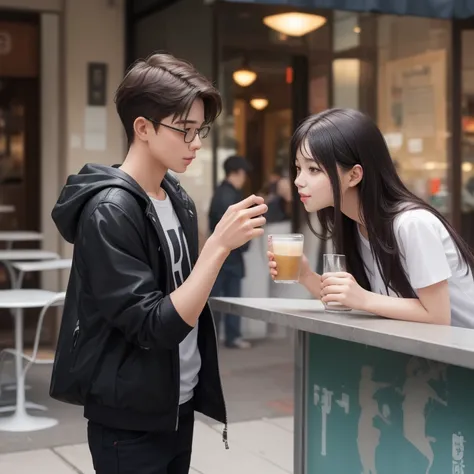 A cute korean girl wearing a school unifrom walking to a cafe with her boyfreind, boyfreind is cute, badboy kissing. The girl is blushing a lot. In love...