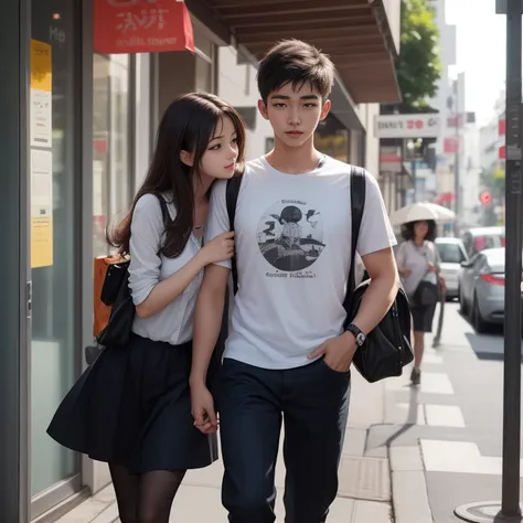 a cute korean girl wearing a school unifrom walking to a cafe with her boyfreind, boyfreind is cute, badboy kissing. the girl is...