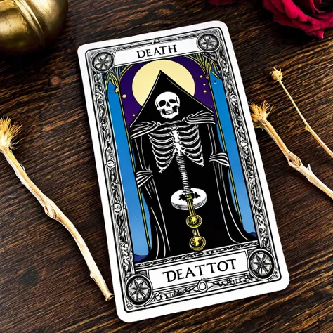 A death Tarot card on table.