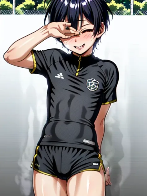 (((official art,Super thin illustration,High resolution, muste piece, best quality,best quality,)))high quality, detailed, (little boy),12 years old,(((solo)))、(((Covering eyes Pose))) ,A young ace striker male idol with a super cute face,A boy as beautifu...