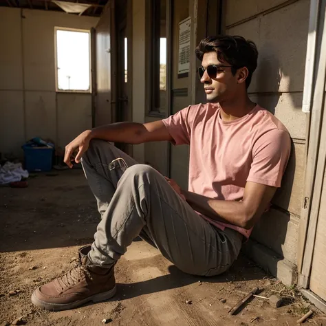 a 20 years young man ,light in complection, wearing a pink t-shirt, wearing a brown sun hat and grey skinny long trousers with a...