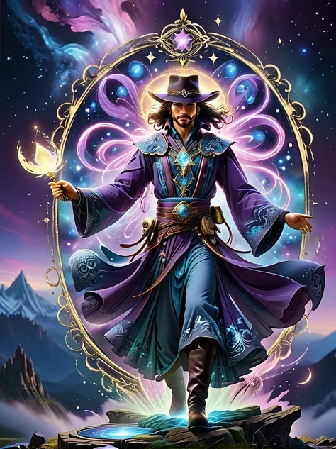 ((long shot:1.9))，((panoramic))，(tarot card:1.5，rotational symmetry，center)，stephen gammel，(cowboy shot)，a figure stands on a cl...