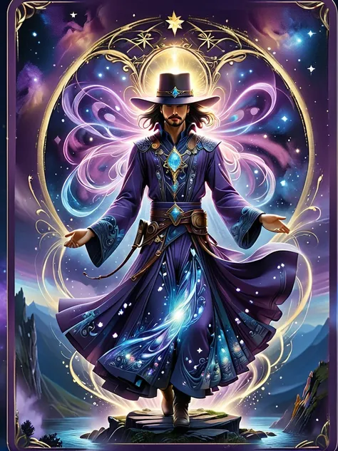 ((long shot:1.9))，((panoramic))，(tarot card:1.5，rotational symmetry，center)，stephen gammel，(cowboy shot)，a figure stands on a cl...