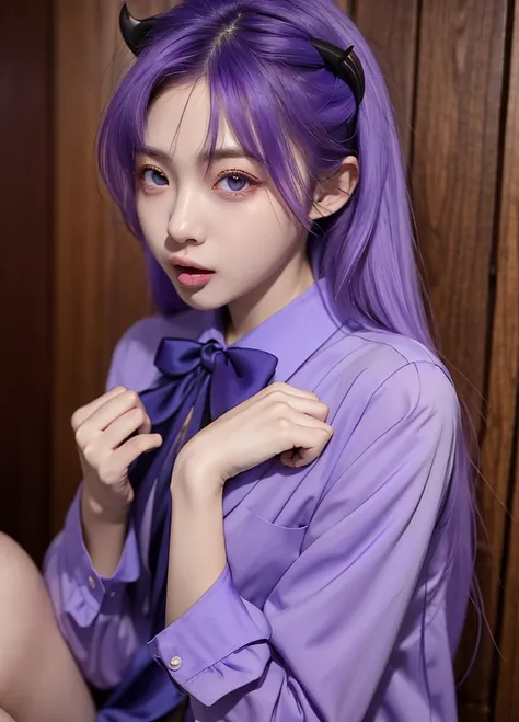 masterpiece, best quality, Hanyuu, 1girl, solo, tongue, tongue out, purple eyes, :p, horns, long hair, purple hair, looking at viewer, bow, shirt, realistic, beautiful girl