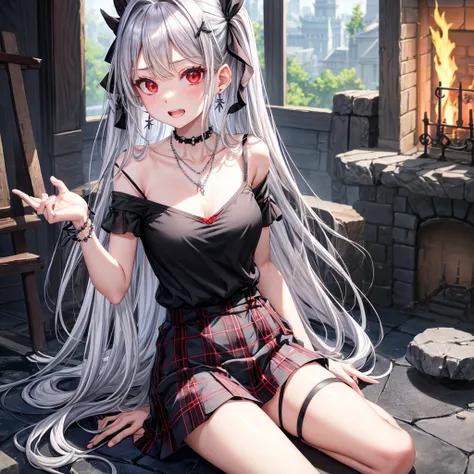 silver hair、red eyes、one good looking girl、solo、anime、plaid mini skirt、black camisole、black t-shirt、dress、wearing a ribbon、ribbon at waist、stones are piled up、crystal earrings、jewelry necklace、Light and shadow、tilting one&#39;s face、teeth are visible、pilla...