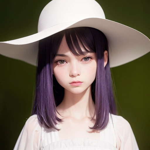 Full portrait of an elite model, editorial photo from Anne Geddes magazine photography. Smooth pale skin, dark hair, elegant wide-brimmed hat, sleek, streamlined design, purple and lavender, minimalism.