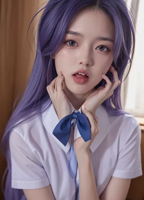 masterpiece, best quality, Hanyuu, 1girl, solo, tongue, tongue out, purple eyes, :p, horns, long hair, purple hair, looking at viewer, bow, shirt, realistic, beautiful girl, photorealistic, extremely detailed, white shirt, blue bowtie, 