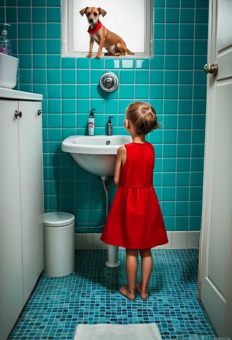 A four year old in a red dress standing in the bathroom next to the sink, Inspired by Elke Vogelsang, inspired Written by Eddie Zandt, By Jacob Gauermann, Photo Alexei Krylev, Written by Eddie Zandt, anthropomorphic dog cleaning, Written by Thomas Hefner, ...