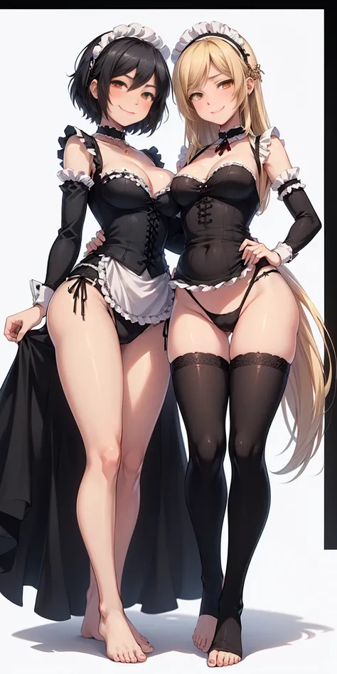 ((White background)) 1mother with daughter showing her asses,barefeet, cute, ((Short black hair girl and long blonde hair girl)), maid victorian, maid apron, straight face, dazed, Body position: Standing, straight, symmetrical, barefoot, smile face, lustfu...