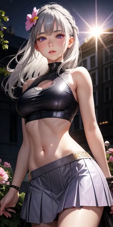 realistic, 1 girl, gray hair, purple eyes, shining eyes, crop top, skirt, parted lips, blush, night, flowers, sun, sunlight,