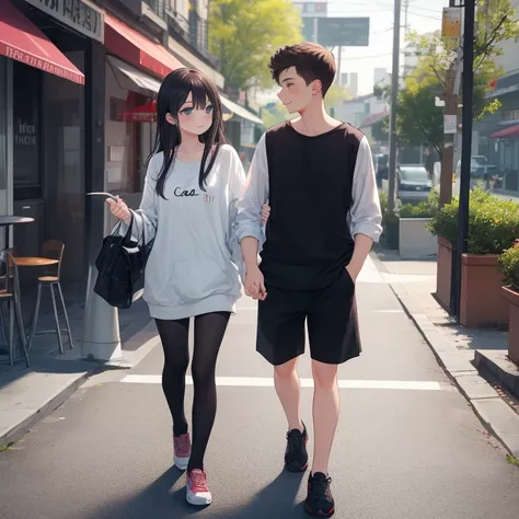 A cute korean girl walking to a cafe with her boyfreind, boyfreind is cute, badboy kissing. The girl is blushing a lot. In love...