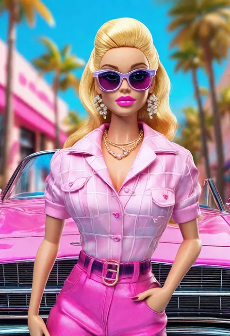 create another scene in the same style, barbie is outside the perfume shop now., now she&#39;s carrying a perfume shop bag, she&...