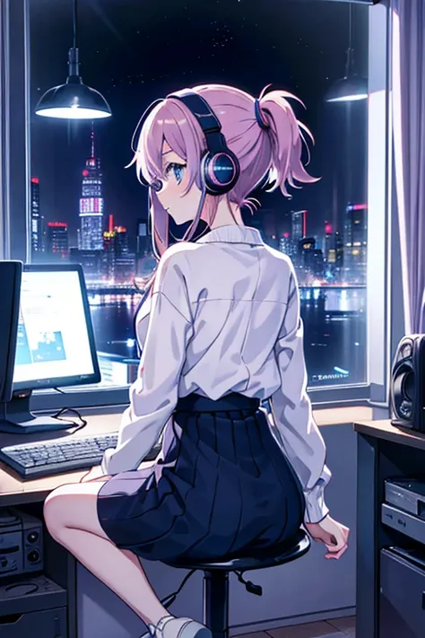 anime girl with headphones looking out a window at a city, lofi (​masterpiece)、
(from behind), Anime girl sitting in front of a computer in a cozy bedroom,comfortable clothes,
2D anime style, The aesthetics of anime in the 90s, lo-fi,surreal, 8k, masterpie...