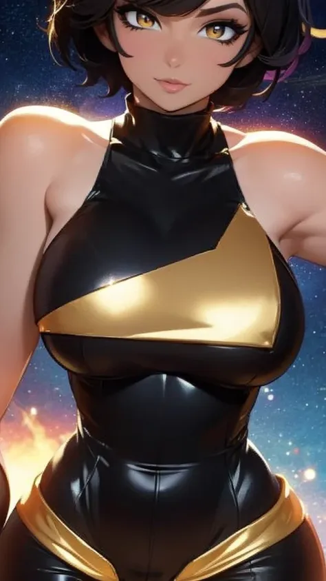 25-years-old black girl. very curvaceous and medium breast. gold eyes. Short hair and bangs in the front.wearing a sexy superhero jumpsuit with a very low v-neck and a star emblem on the chest. outer space with gold explosions and aura, close up, back turn...