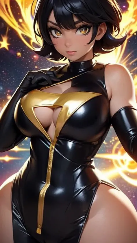 25-years-old black girl. very curvaceous and medium breast. gold eyes. Short hair and bangs in the front.wearing a sexy superhero jumpsuit with a very low v-neck and a star emblem on the chest. outer space with gold explosions and aura, close up, back turn...