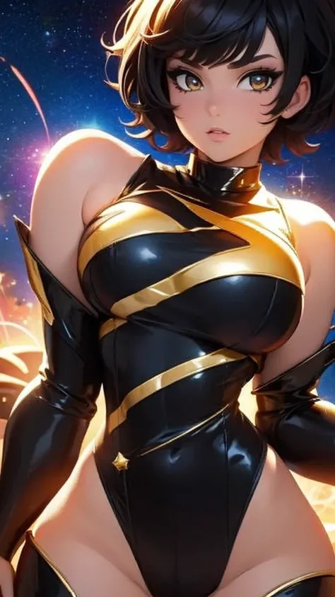 25-years-old black girl. very curvaceous and medium breast. gold eyes. Short hair and bangs in the front.wearing a sexy superhero jumpsuit with a very low v-neck and a star emblem on the chest. outer space with gold explosions and aura, close up, back turn...