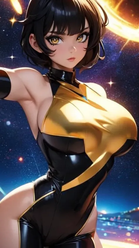 25-years-old black girl. very curvaceous and medium breast. gold eyes. Short hair and bangs in the front.wearing a sexy superhero jumpsuit with a very low v-neck and a star emblem on the chest. outer space with gold explosions and aura, back turned, 